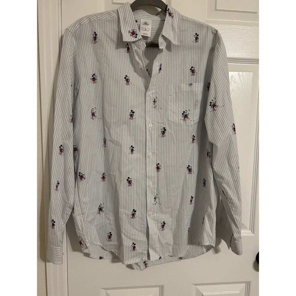Disney Mickey Mouse Striped Button‎ Down Shirt Blue White Long Sleeve Large